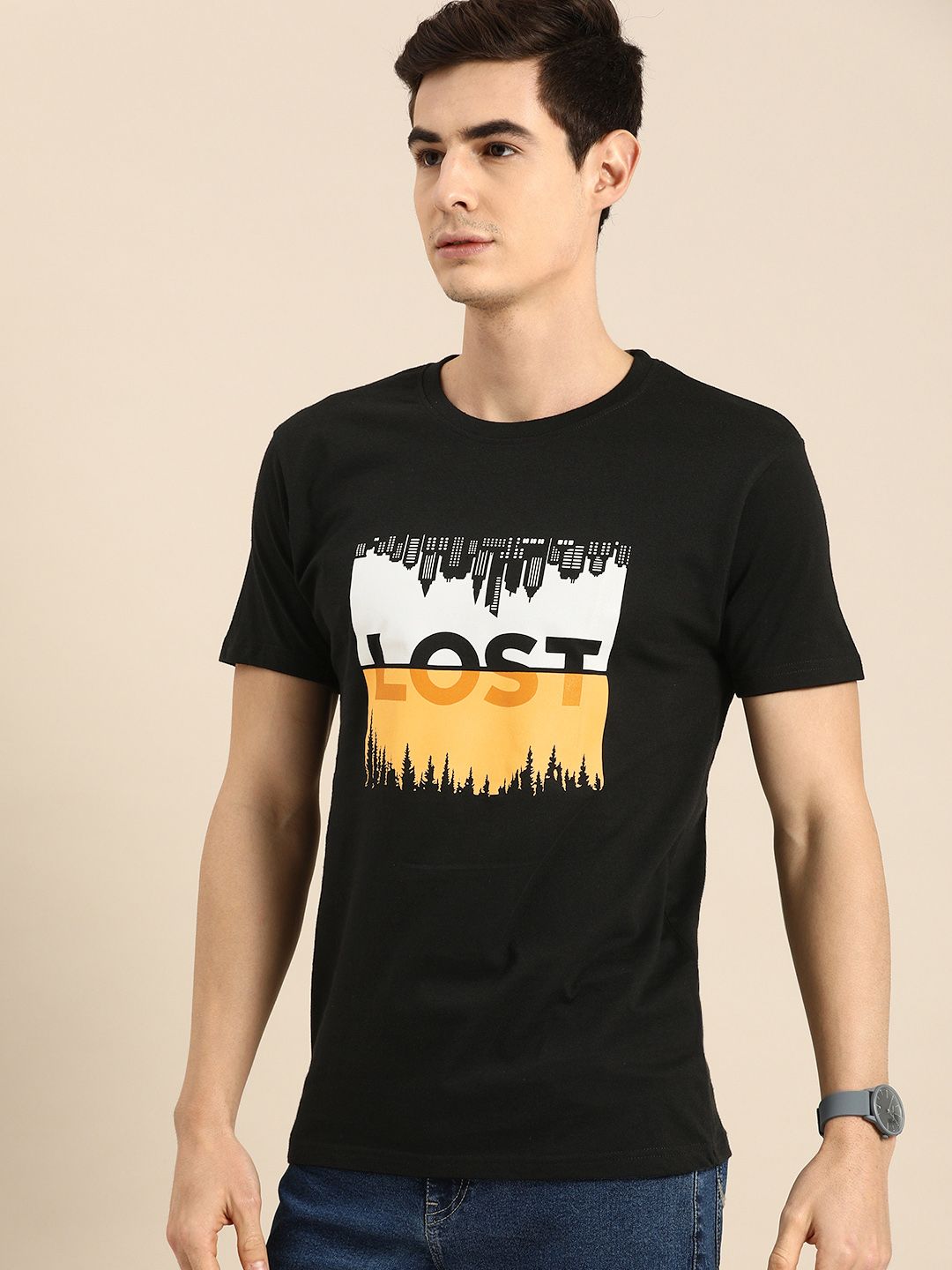 Bewakoof Men Black Printed Round Neck Pure Cotton T-shirt