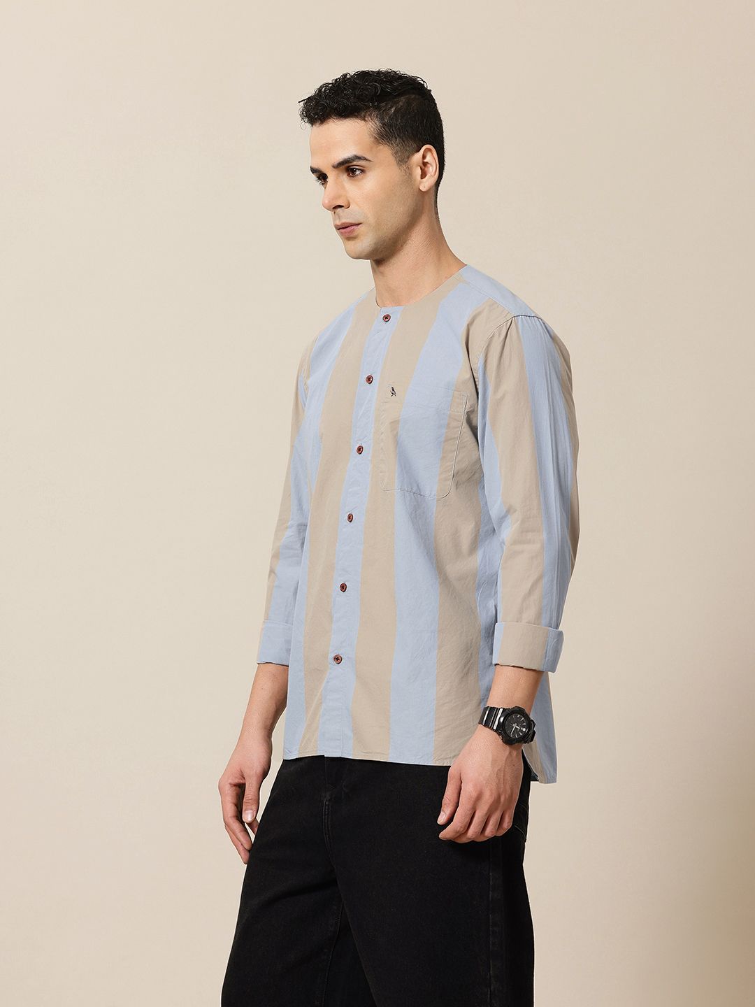 Mr Bowerbird Pure Cotton Collarless Striped Liberal Fit Casual Shirt