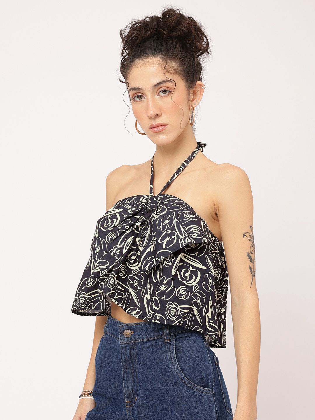 DressBerry Bow-Bliss Printed Halter Neck Top