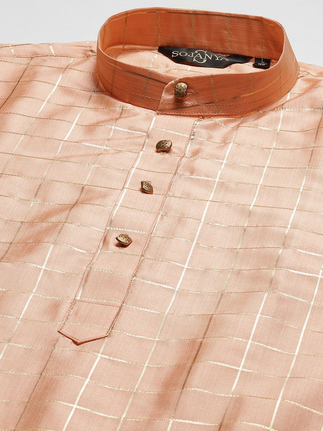SOJANYA Kurta Berwarna Peach & Golden Checked Lelaki