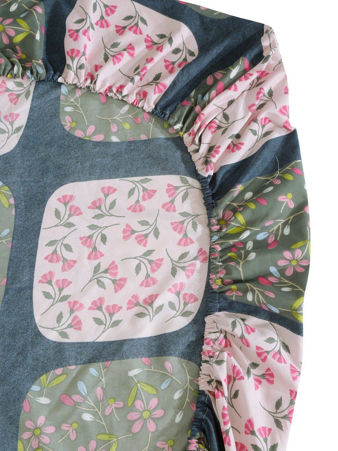 KLOTTHE Blue & Pink Floral Printed 300TC Fitted Double King Bedsheet With 2 Pillow Covers