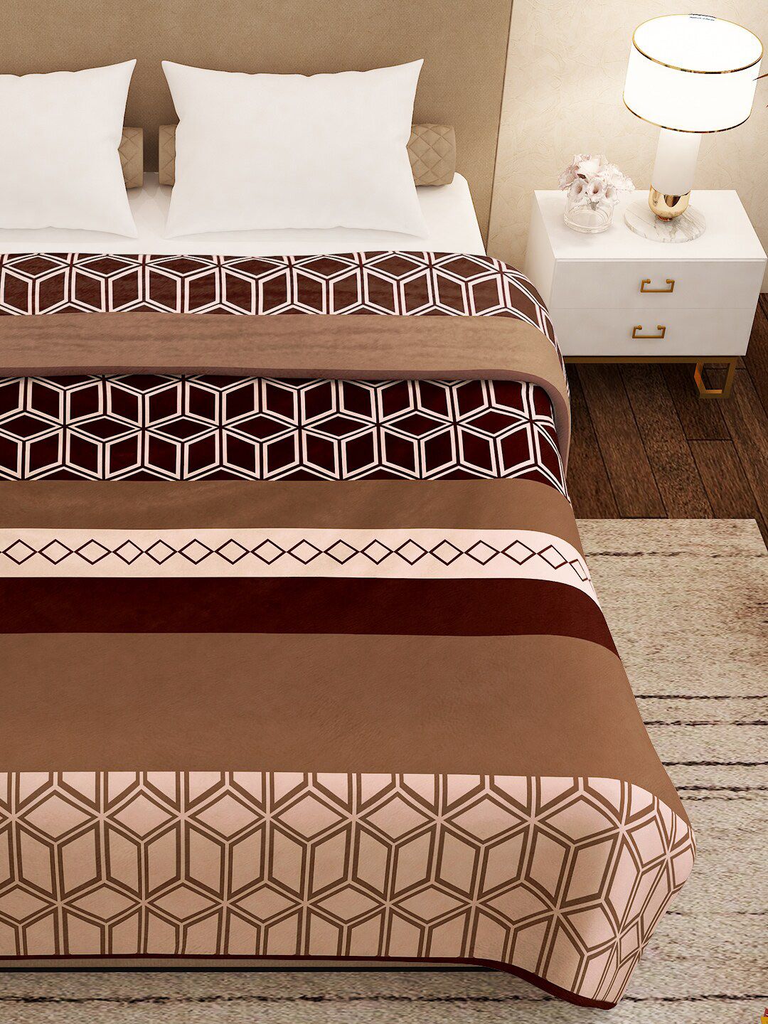 Story@home Brown Geometric AC Room 300 GSM Double Bed Blanket
