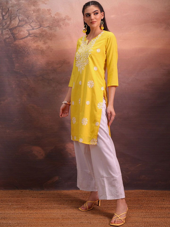 Vishudh Yellow Floral Embroidered Straight Kurta