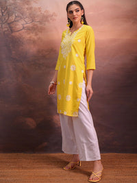 Vishudh Yellow Floral Embroidered Straight Kurta