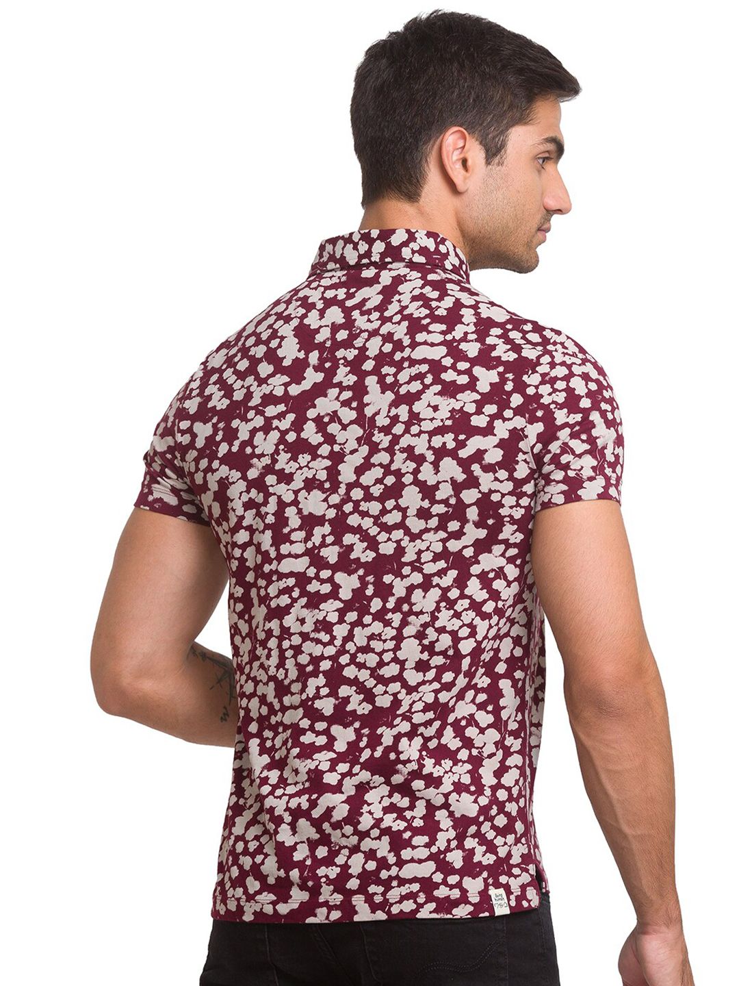 Being Human Men Maroon & White Floral Printed Polo Collar T-shirt