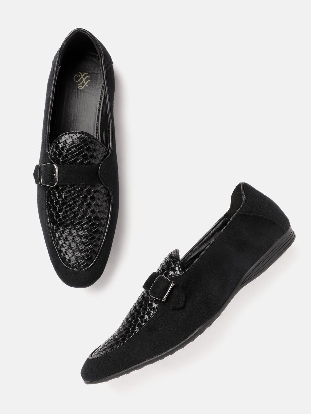 House of Pataudi Men Black Basketweave Textured Handcrafted Leather Loafers