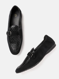 House of Pataudi Men Black Basketweave Textured Handcrafted Leather Loafers