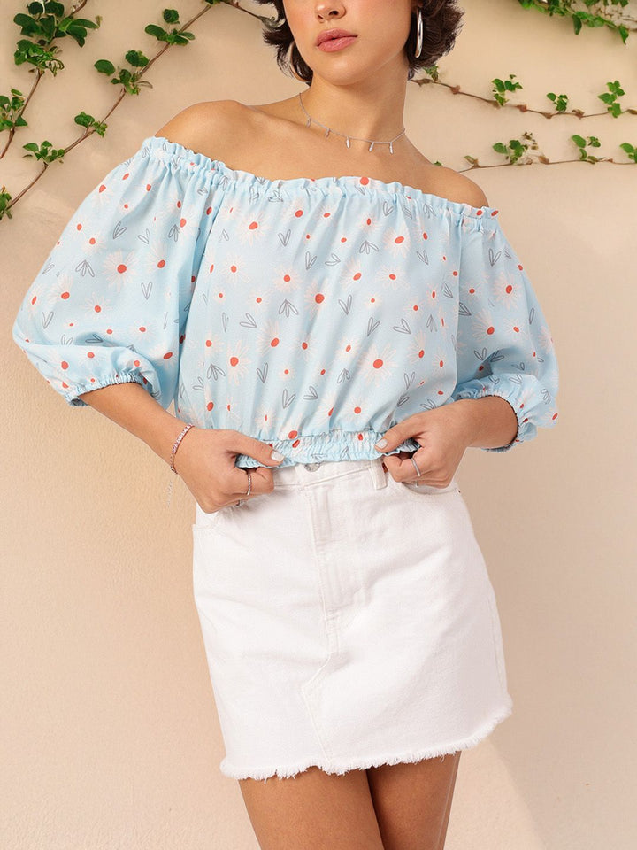 DressBerry Daisy Dreams Printed Off-Shoulder Blouson Crop Top