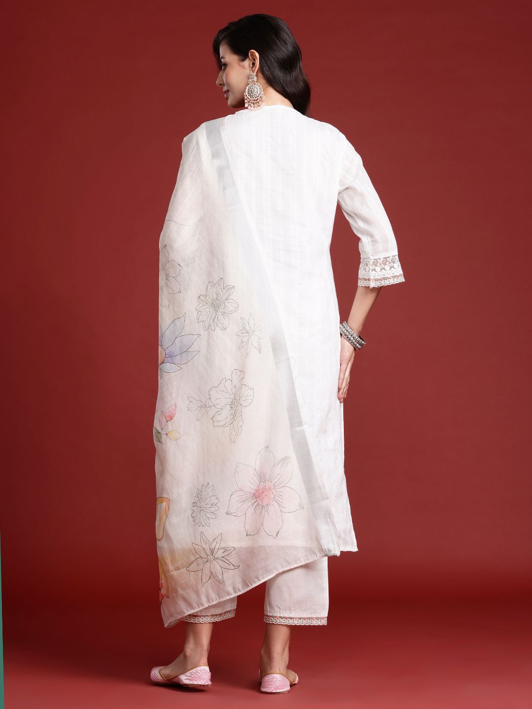 Indo Era Floral Embroidered & Embellished Pure Cotton Kurta with Trousers & Dupatta