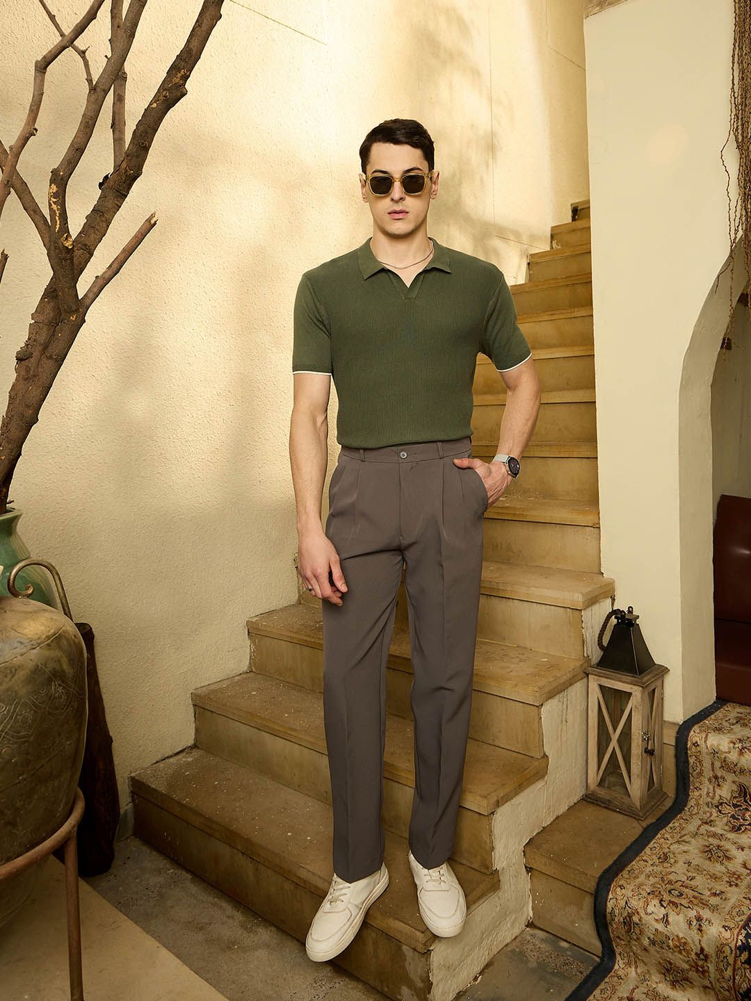 DENNISON Men Textured Polo Collar Knitted T-Shirt