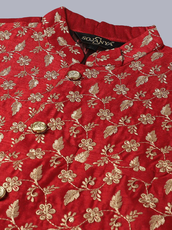 SOJANYA Mandarin Collar Embroidered Pure Cotton Kurta with Churidar & Nahru Jacket