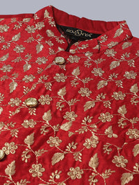 SOJANYA Mandarin Collar Embroidered Pure Cotton Kurta with Churidar & Nahru Jacket