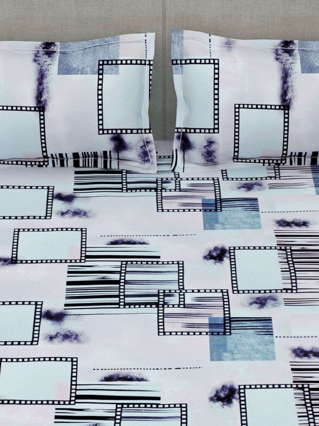 Story@home Blue & Grey Geometric 180 TC Flat Queen Bedsheet with 2 Pillow Covers