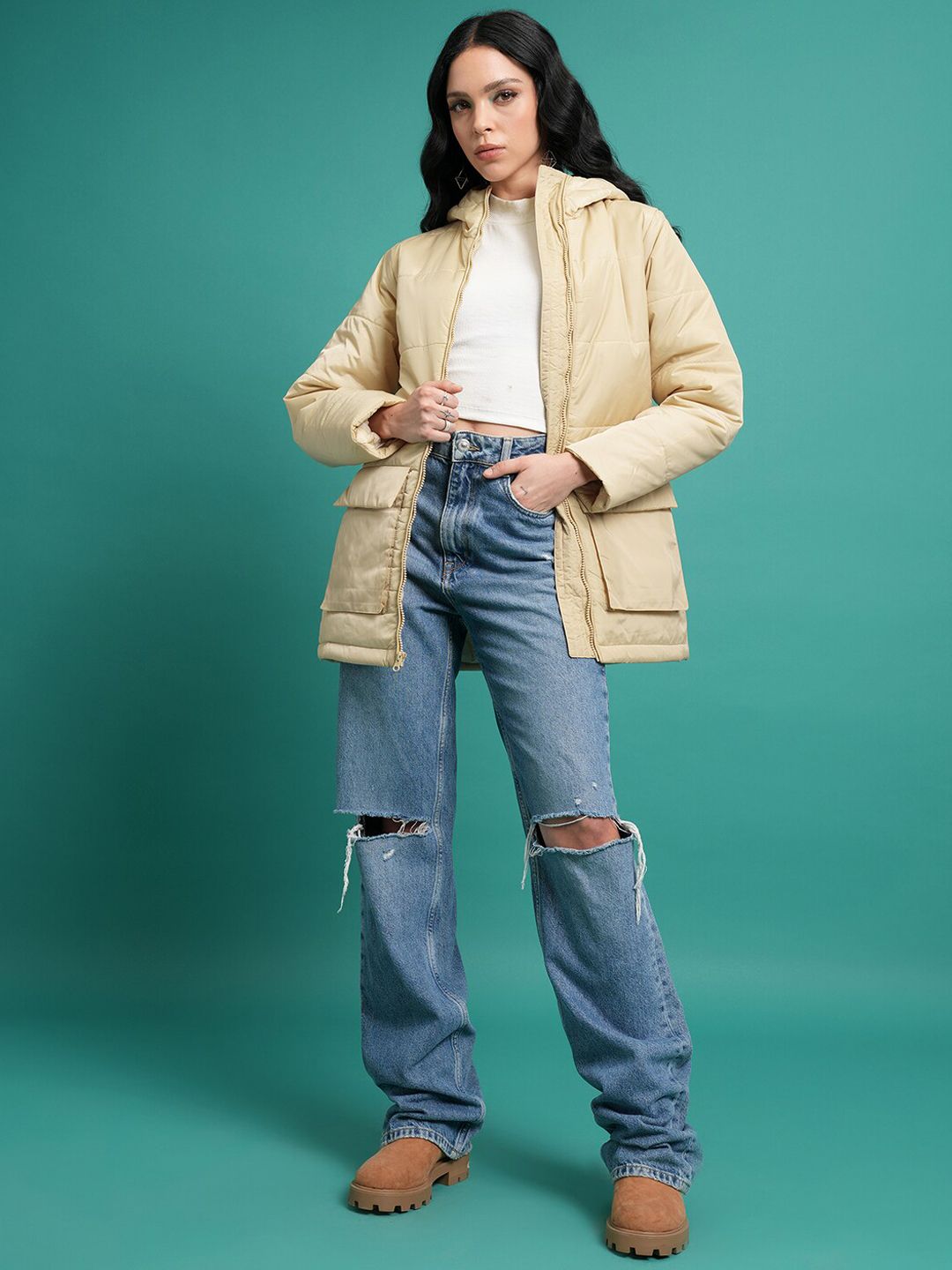 Tokyo Talkies Brown Hooded Puffer Jacket
