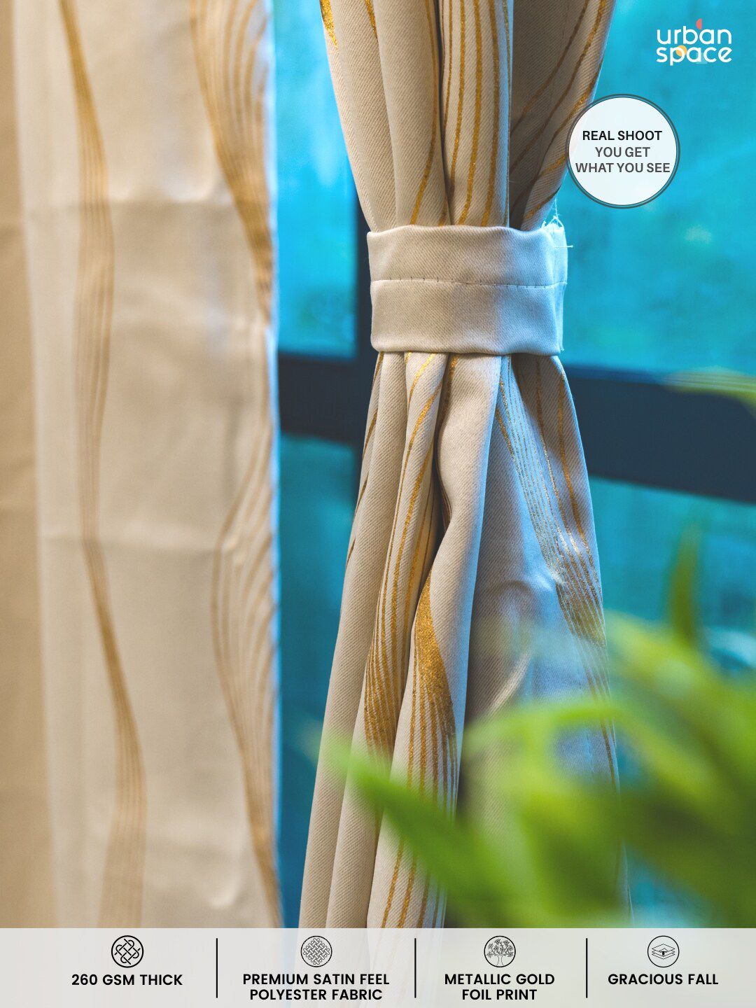 URBAN SPACE Beige & Gold-Toned Black Out Long Door Curtain
