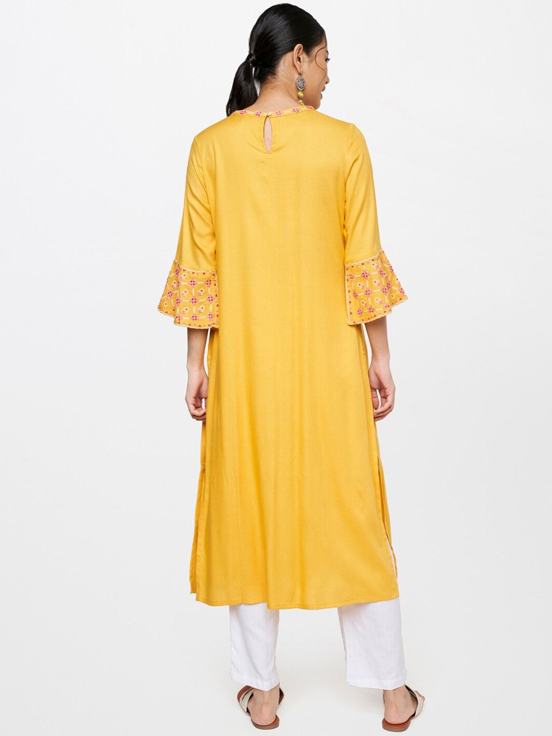 Global Desi Women Mustard Yellow Embroidered Keyhole Neck Bell Sleeves Thread Work Kurta