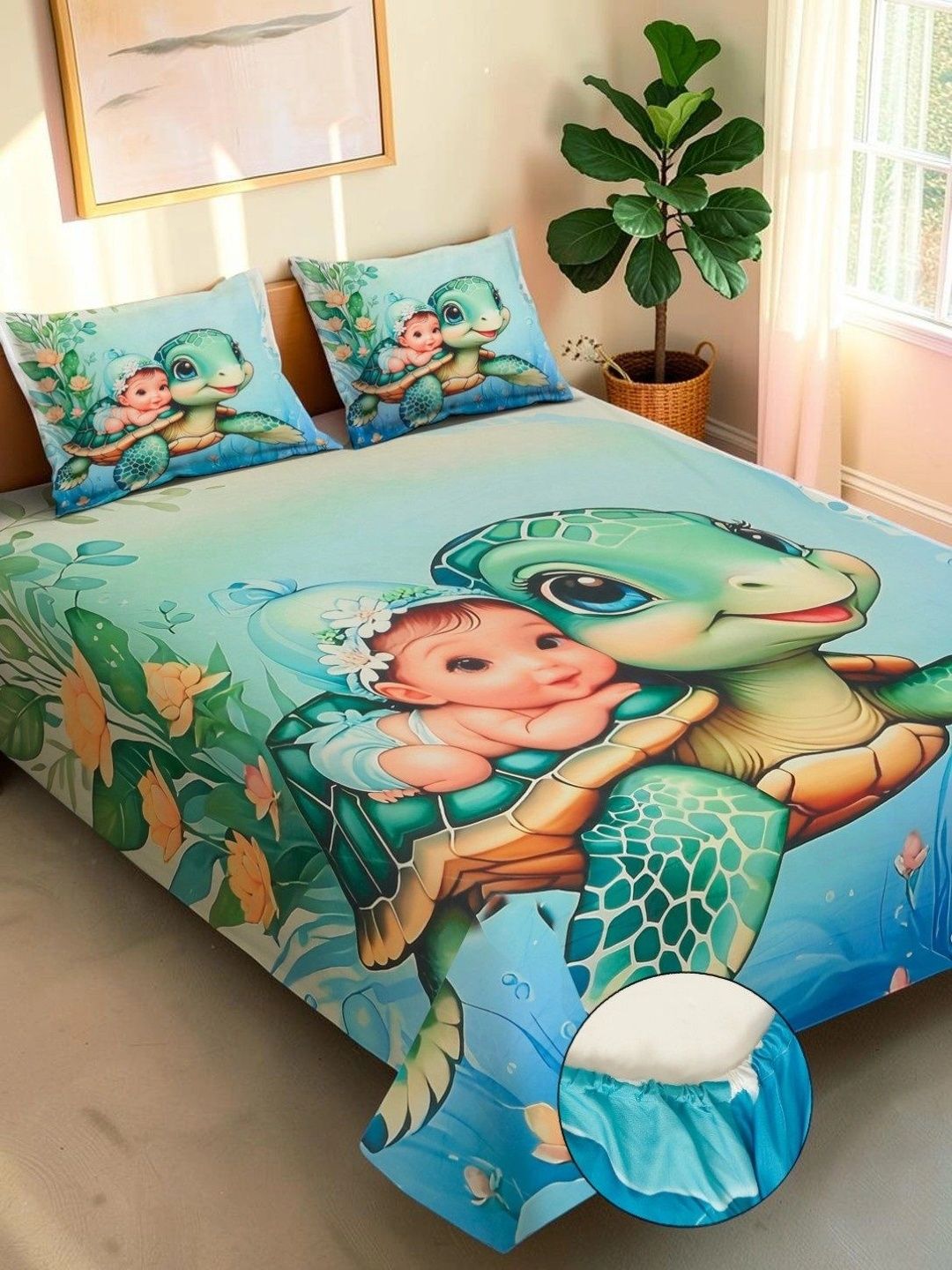 Moda Rapido X KLOTTHE Green & Blue Cartoon Characters 400 TC Bedsheet with 2 Pillow Covers