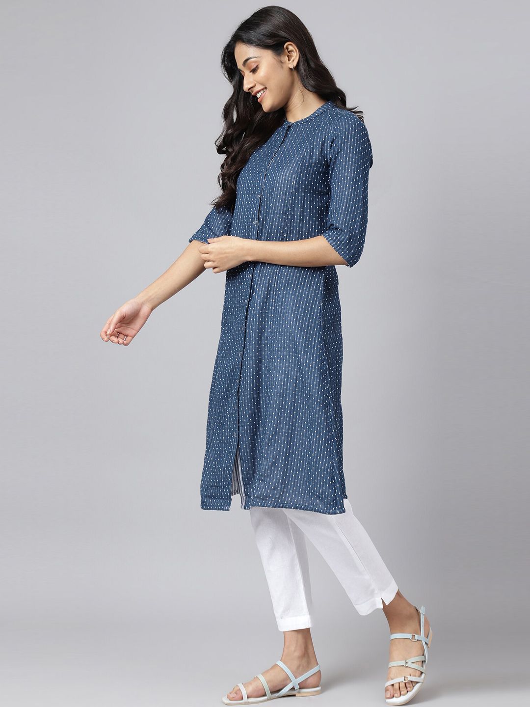 AURELIA Women Blue Front Slit A-Line Geometric Kurta