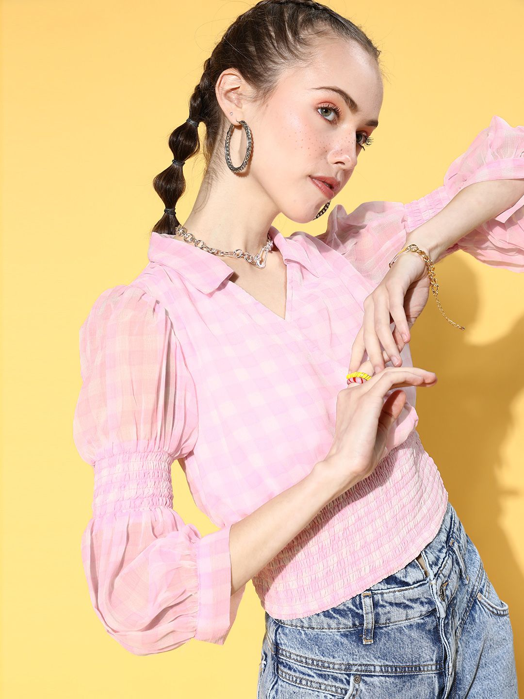 Antheaa Women Pretty Pink Checked Summer Gingham Top