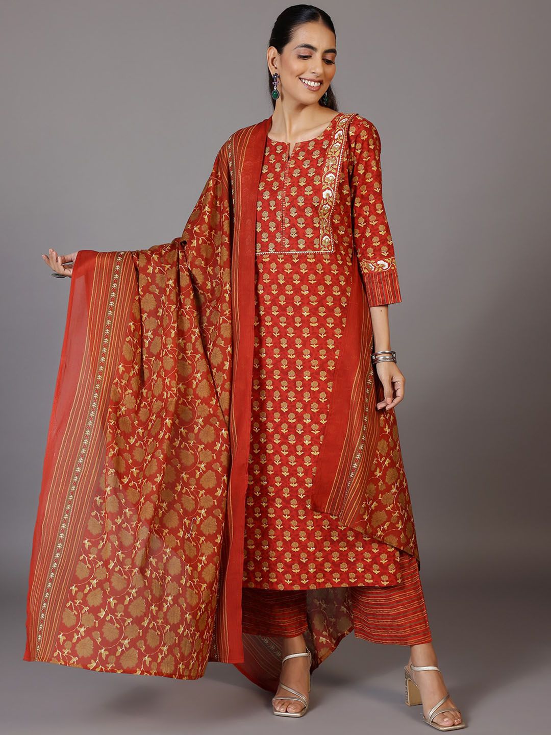 Libas Floral Printed Regular Gotta Patti Pure Cotton Kurta with Palazzos & With Dupatta