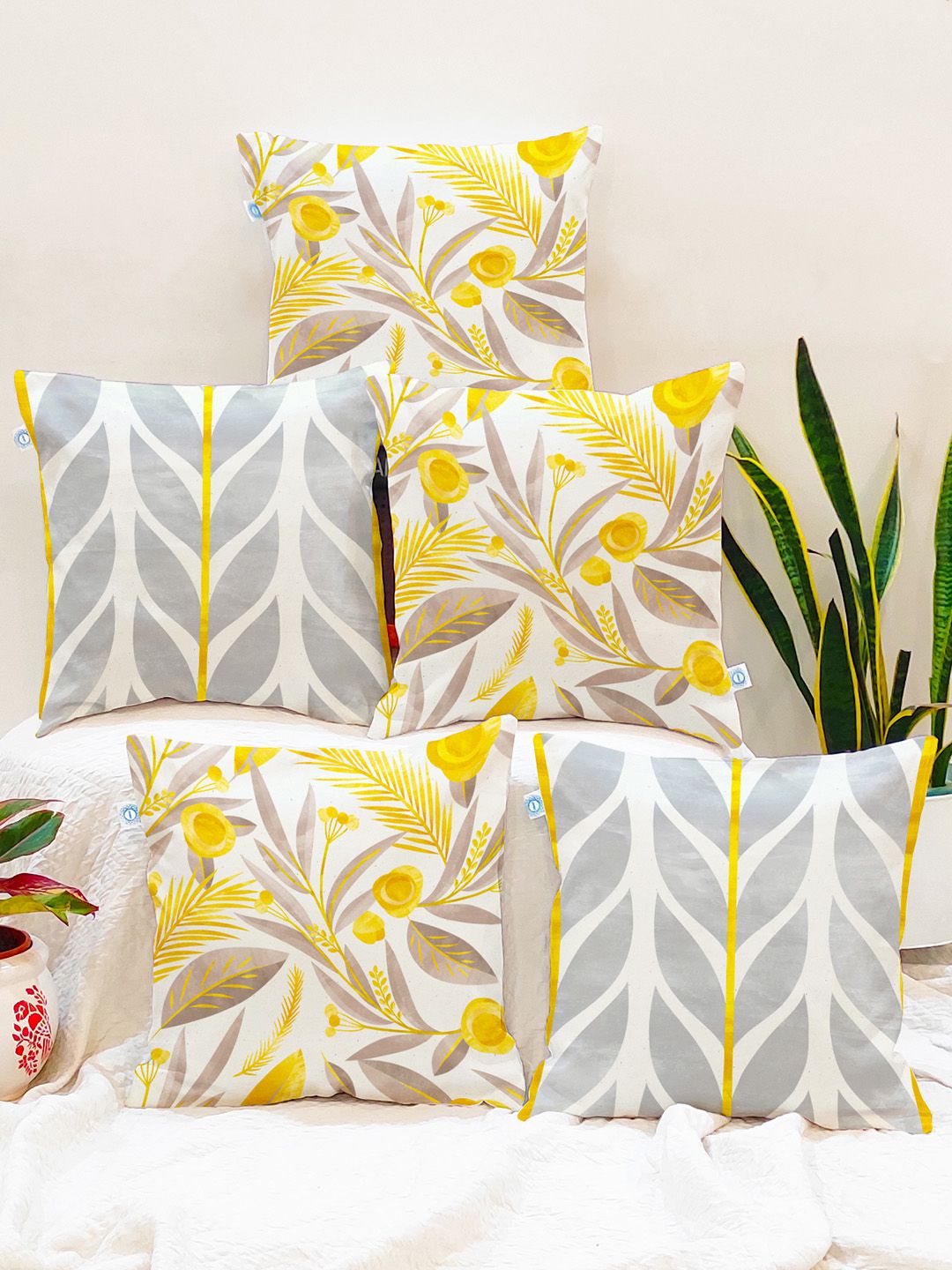 STITCHNEST Grey & White Set of 5 Floral Square Cushion Covers