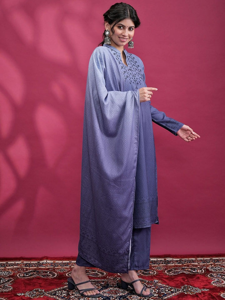 Vishudh Blue Printed Yoke Design Thread Work Straight Kurta with Trouser & Dupatta