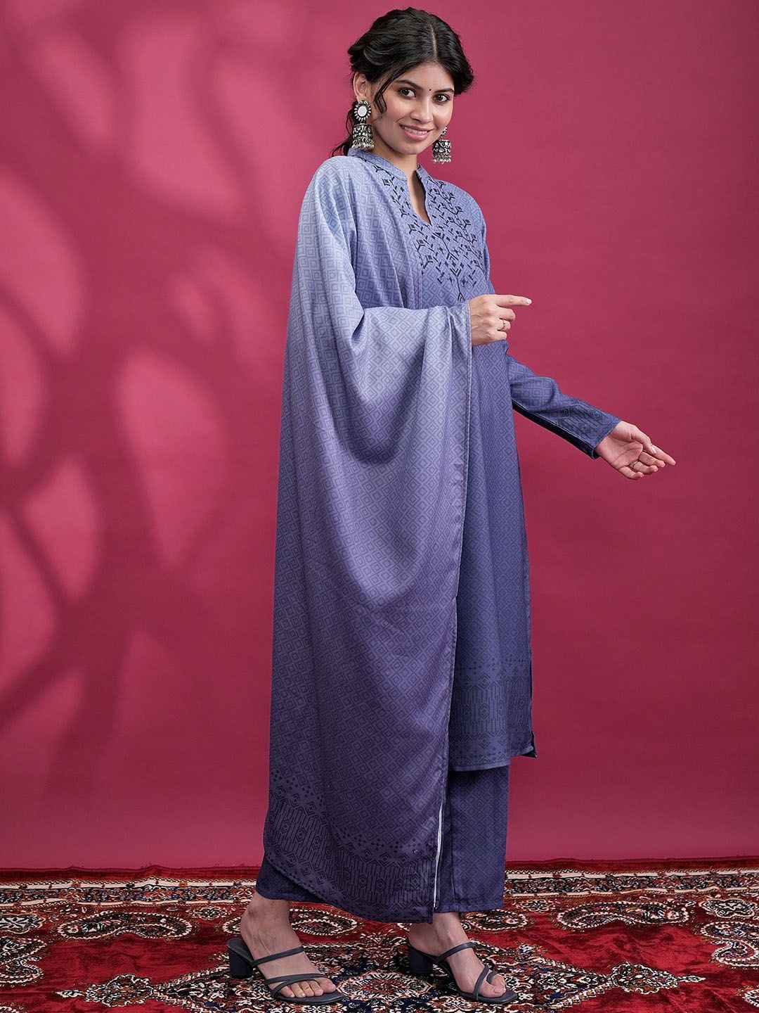 Vishudh Blue Printed Yoke Design Thread Work Straight Kurta with Trouser & Dupatta