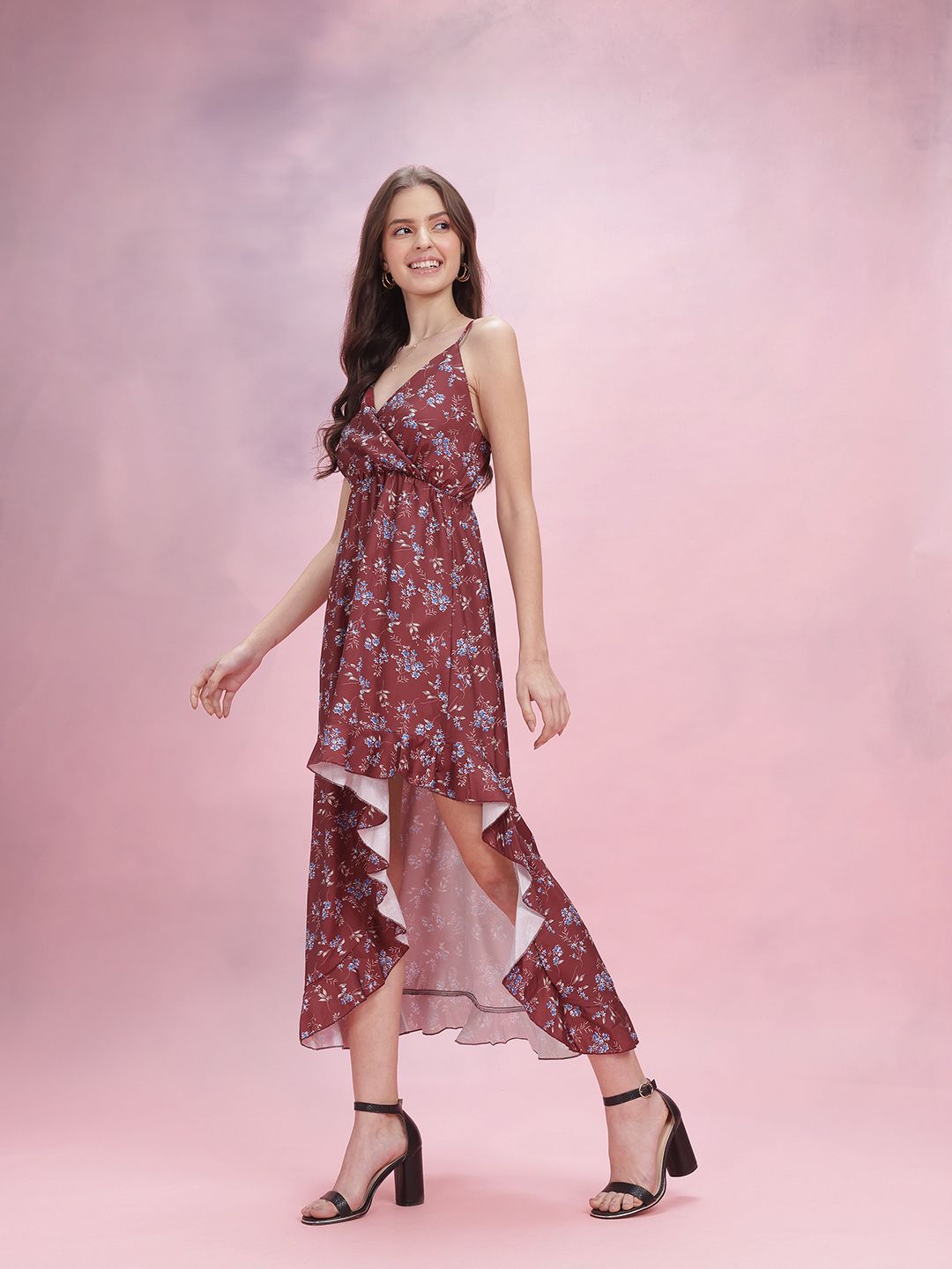 DressBerry Ruffled Floral Print Fit & Flare Midi Dress