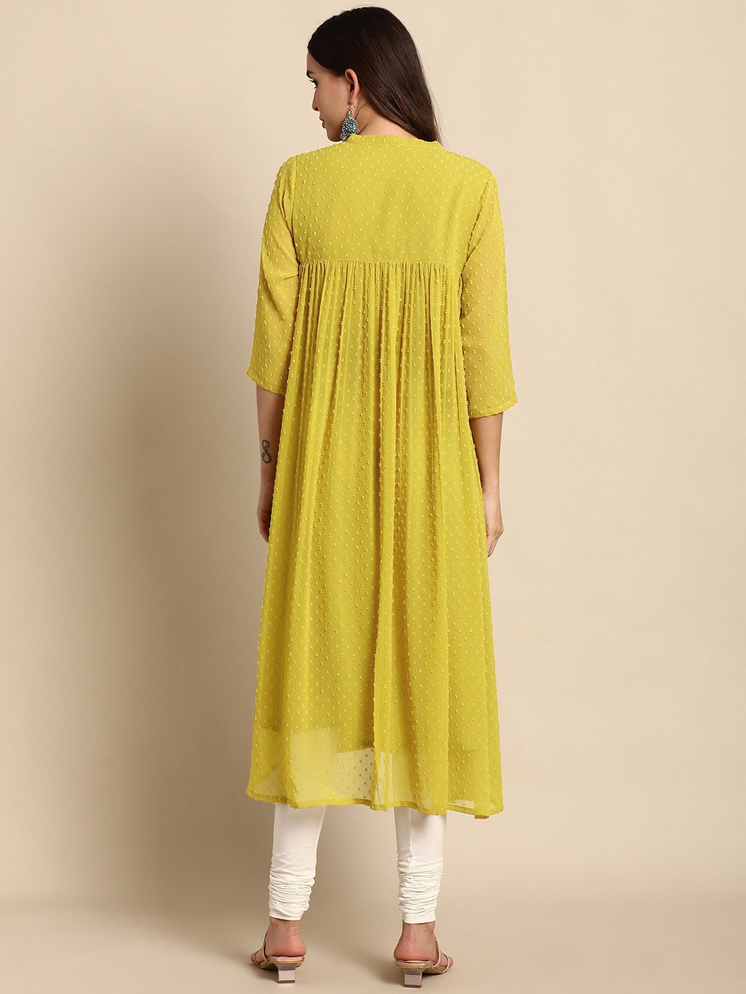 Janasya Women Mustard Chiffon Self Design Front Slit Kurta