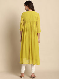 Janasya Women Mustard Chiffon Self Design Front Slit Kurta
