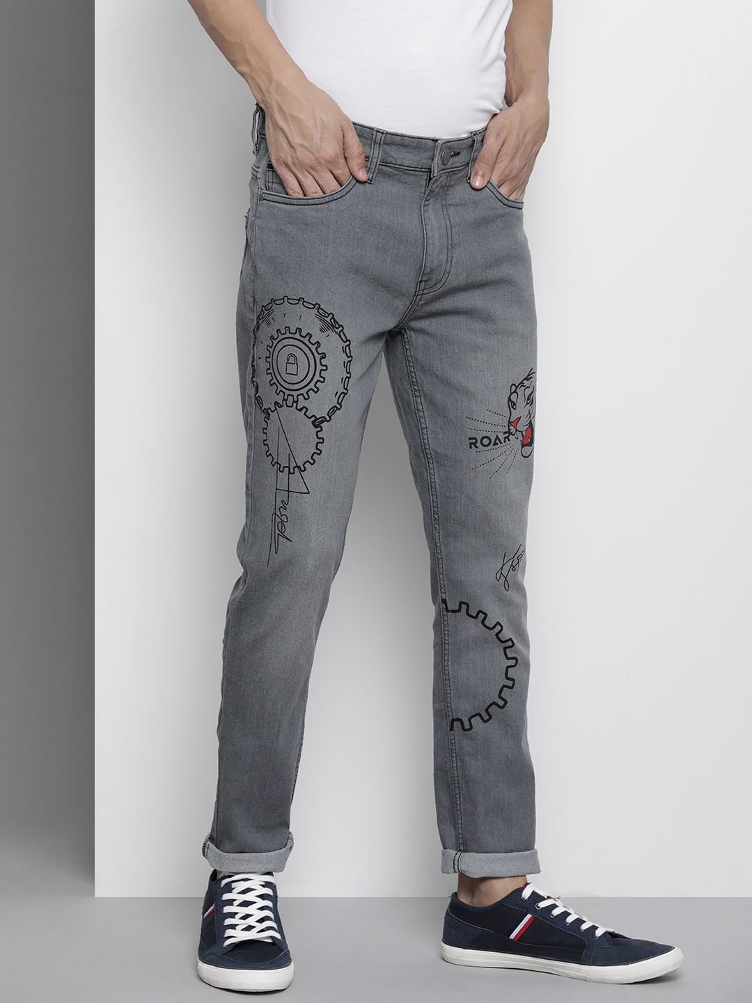 The Indian Garage Co Men Grey Slim Fit Light Fade Printed Stretchable Jeans