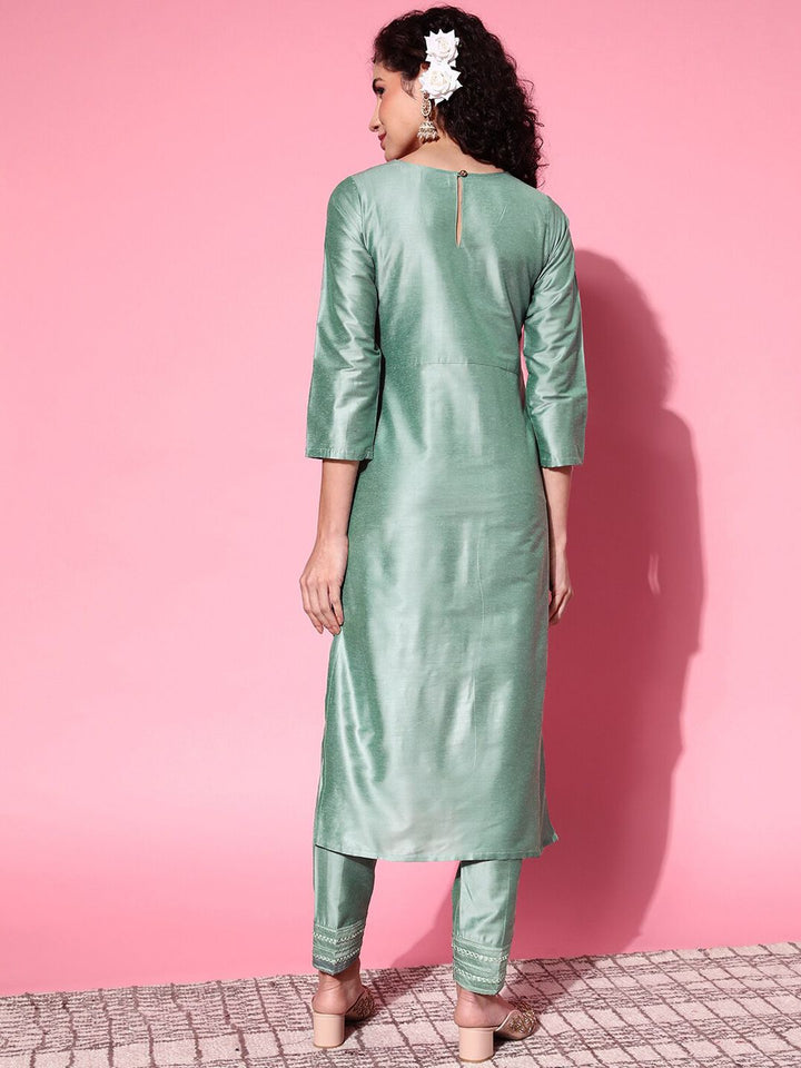 Shae by SASSAFRAS Women Sea Green Embroidered Mirror Work Kurta with Trousers