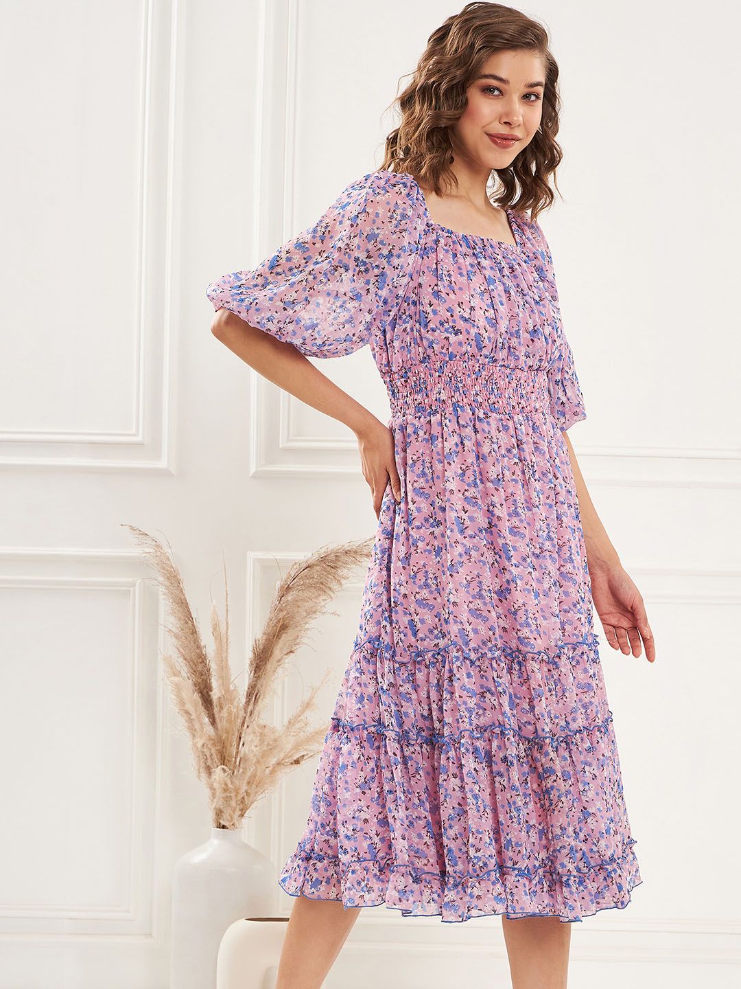 Antheaa Square Neck Floral Printed Tiered Chiffon Fit & Flare Midi Dress