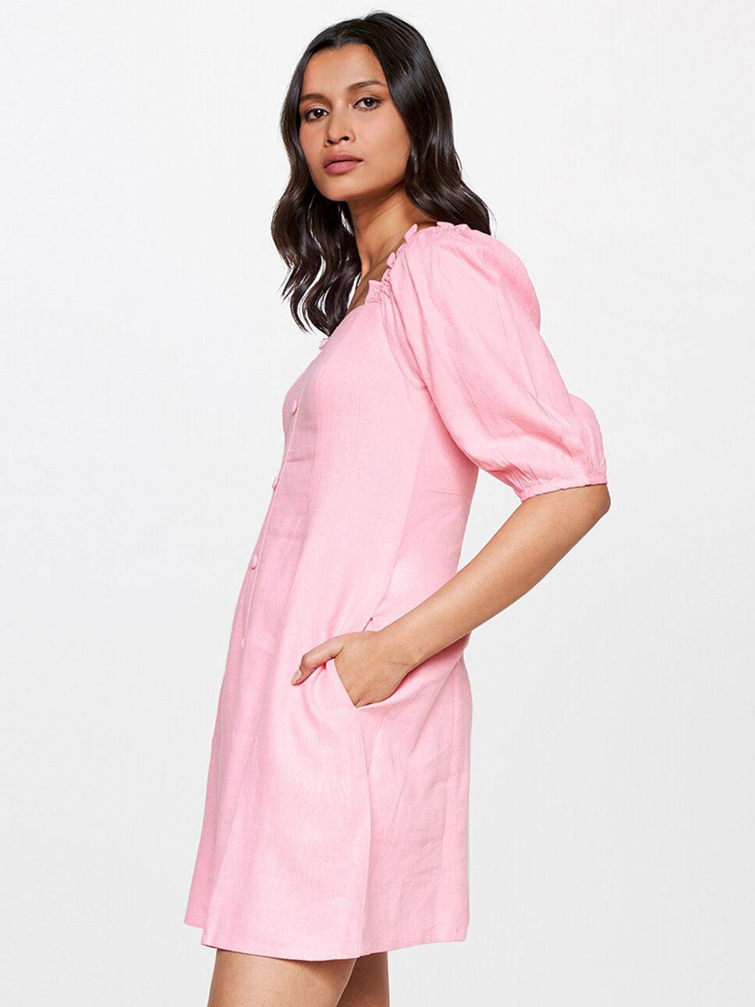 AND Puff Sleeve Linen A-Line Dress