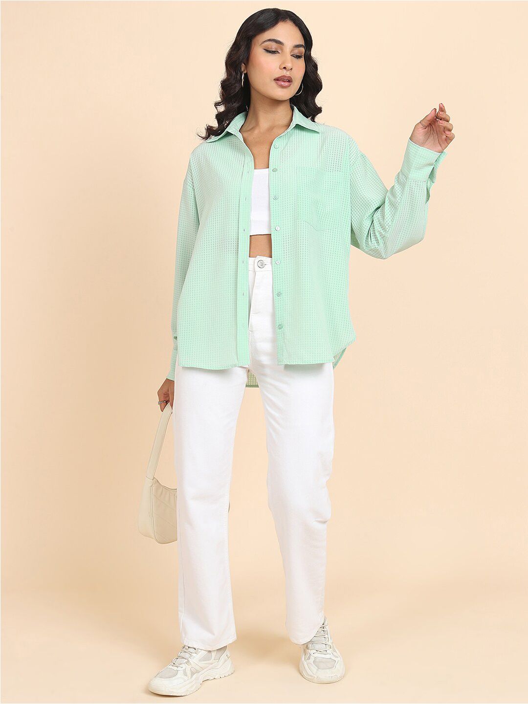 Tokyo Talkies Green Micro Checked Oversized Casual Shirt