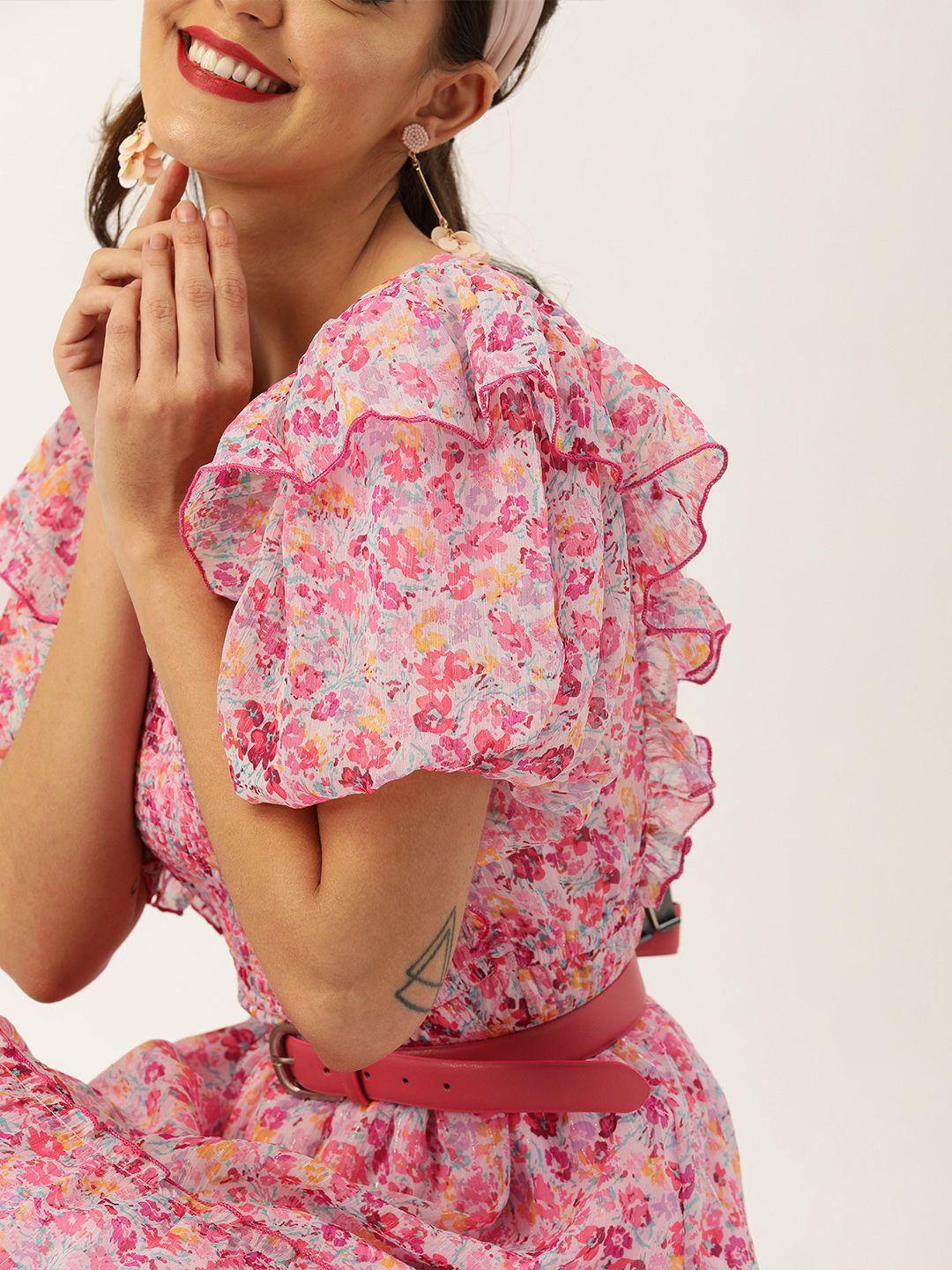 Antheaa Pink Floral Printed Fit and Flare Dress