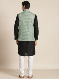SOJANYA Lelaki Black Chikankari Pure Cotton Kurta with Churidar & Nehrujacket