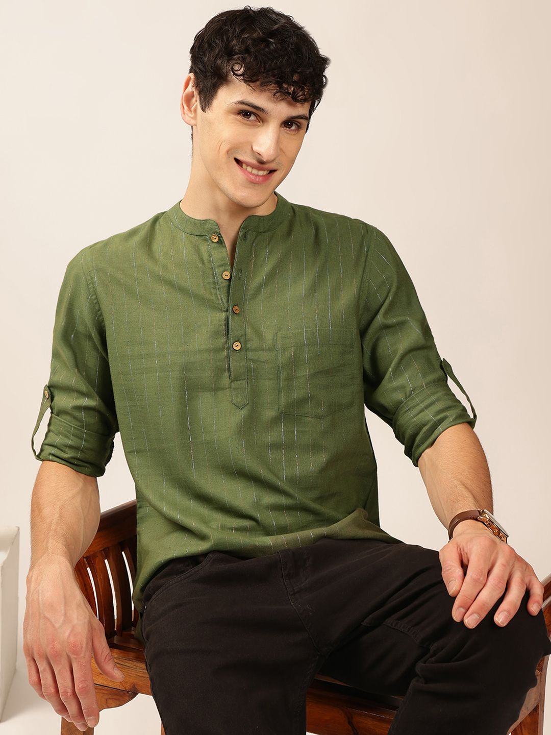 Anouk Green Striped Woven Design Mandarin Collar Roll-Up Sleeves Zari Pathani Short Kurta