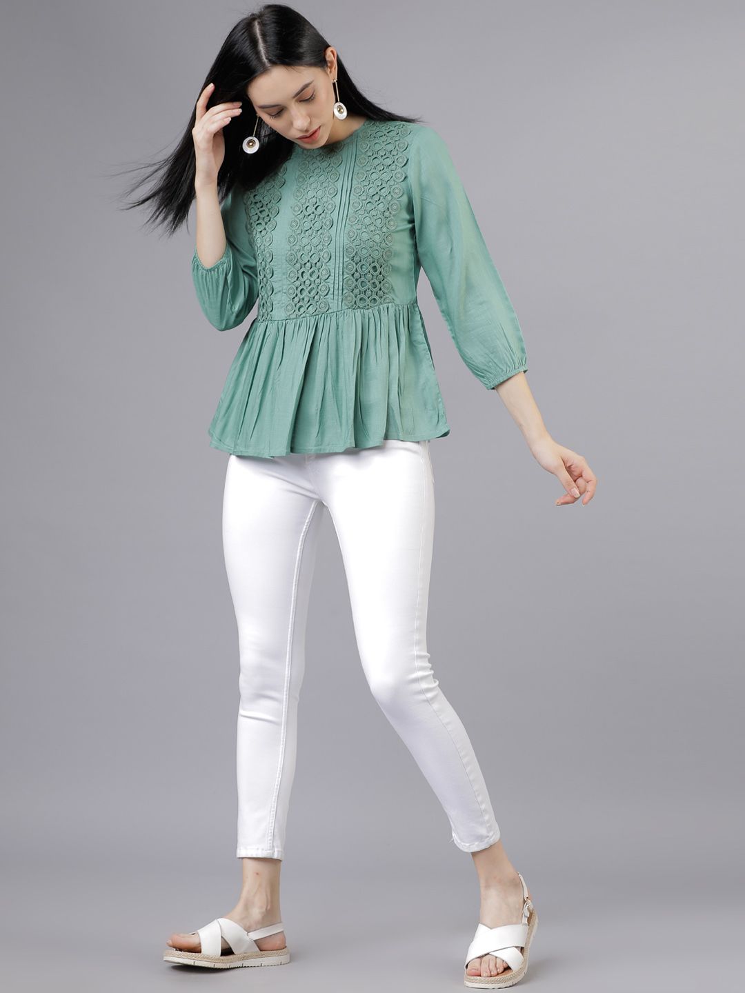Tokyo Talkies Women Green Solid Peplum Top