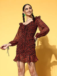 Berrylush Women Stunning Black Floral Volume Play Dress