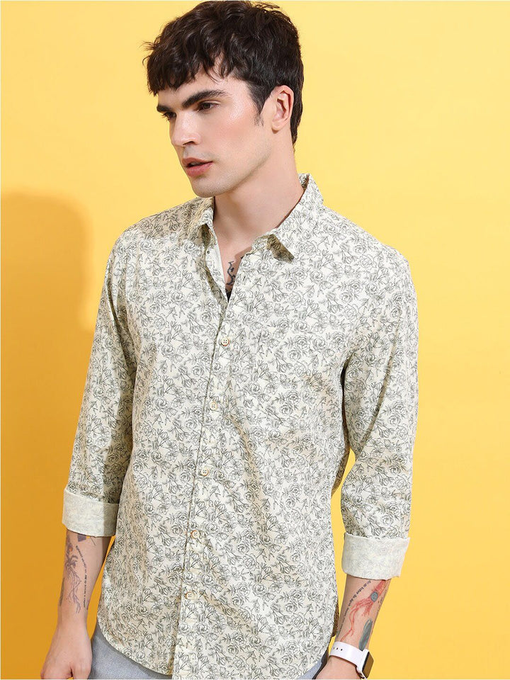 HIGHLANDER Lime Green Floral Printed Spread Collar Slim Fit Cotton Casual Shirt