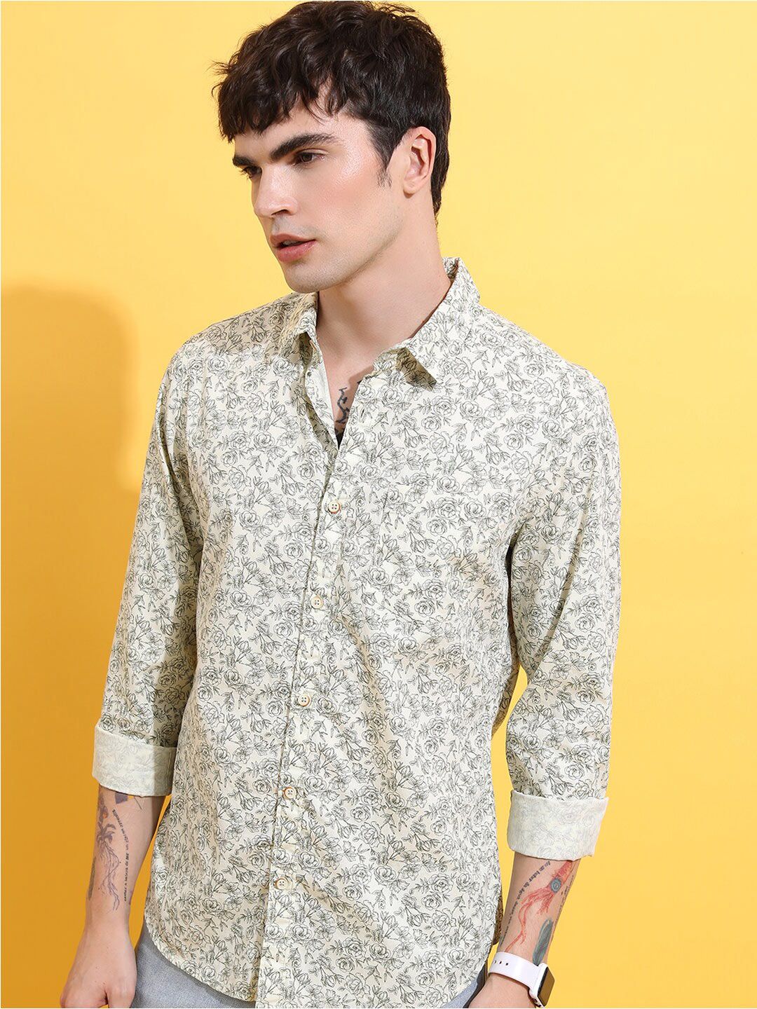 HIGHLANDER Lime Green Floral Printed Spread Collar Slim Fit Cotton Casual Shirt