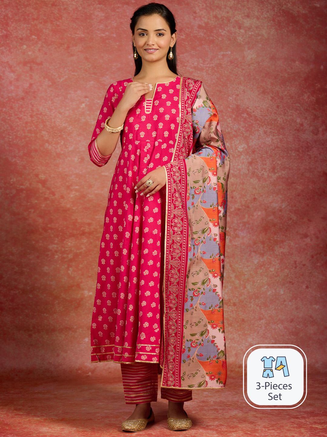 Libas Ethnic Motifs Printed Gotta Patti Pleated Anarkali Kurta & Trousers With Dupatta