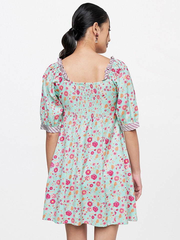 Global Desi Blue & Pink Floral A-Line Mini Dress