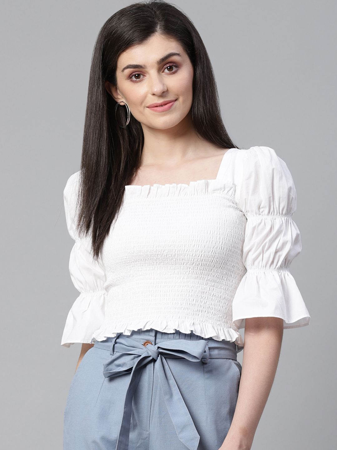 STREET 9 White Smocked Fitted Pure Cotton Top
