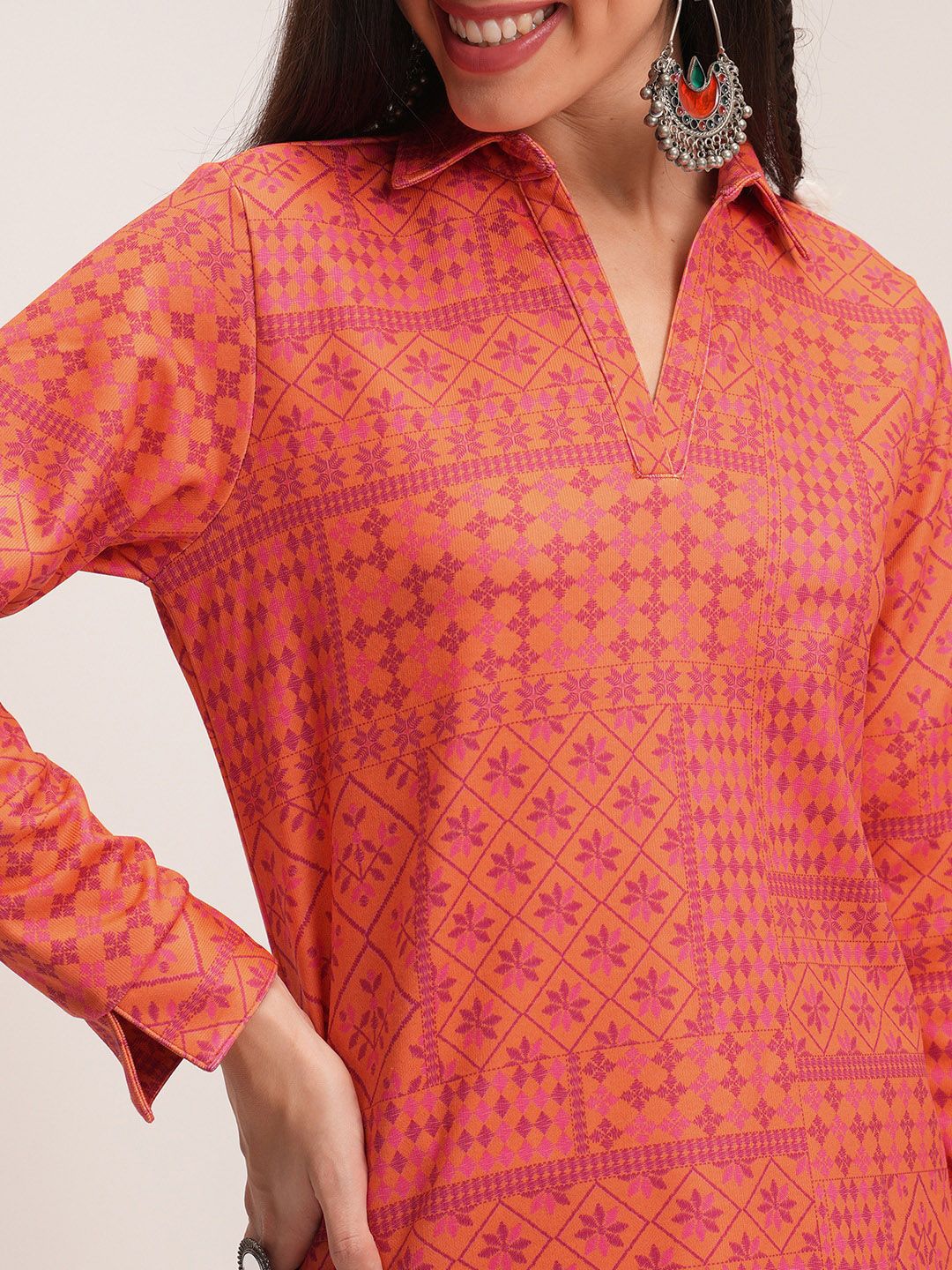 Vishudh Geometric Printed Shirt Collar Tunic With Trousers