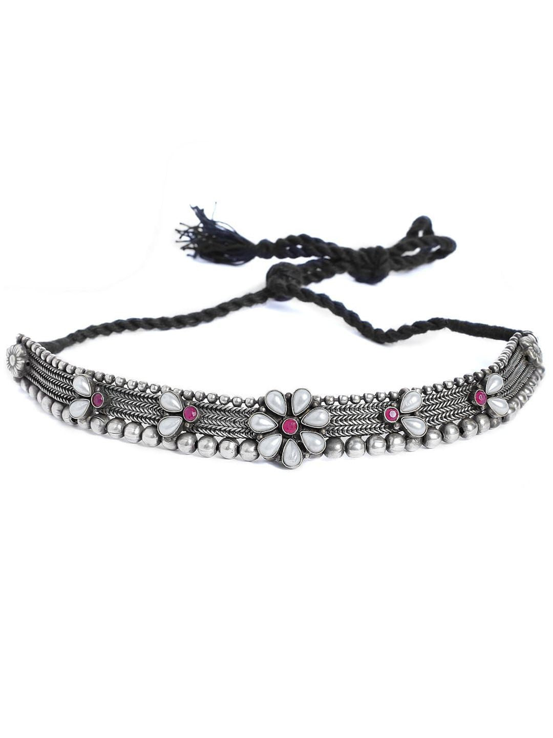 Ruban teroksida perak bersalut bunga bunga merah jambu batu antik antik choker kalung