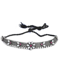 Ruban teroksida perak bersalut bunga bunga merah jambu batu antik antik choker kalung