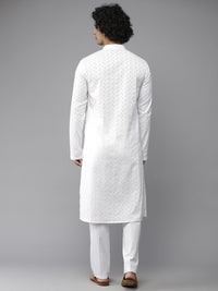 See Designs Men White Embroidered Chikankari Pure Cotton Kurta with Pyjamas