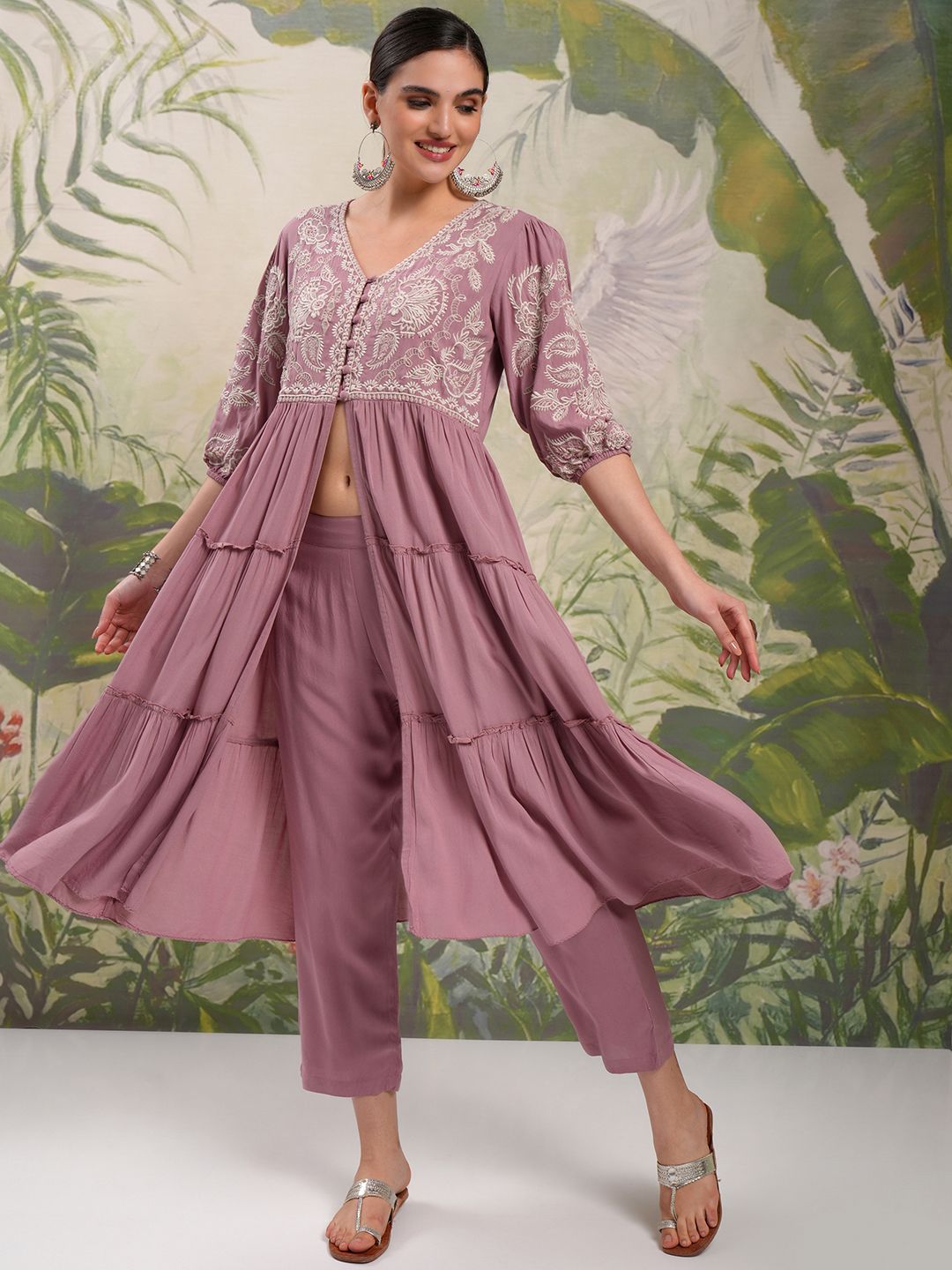 Vishudh V Neck Three Quarter Puff Sleeves Embroidered Anarkali Kurta Sets